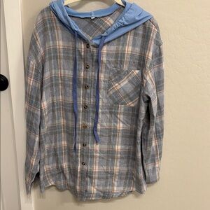 Plaid Button-Up Shirt with Blue Hood